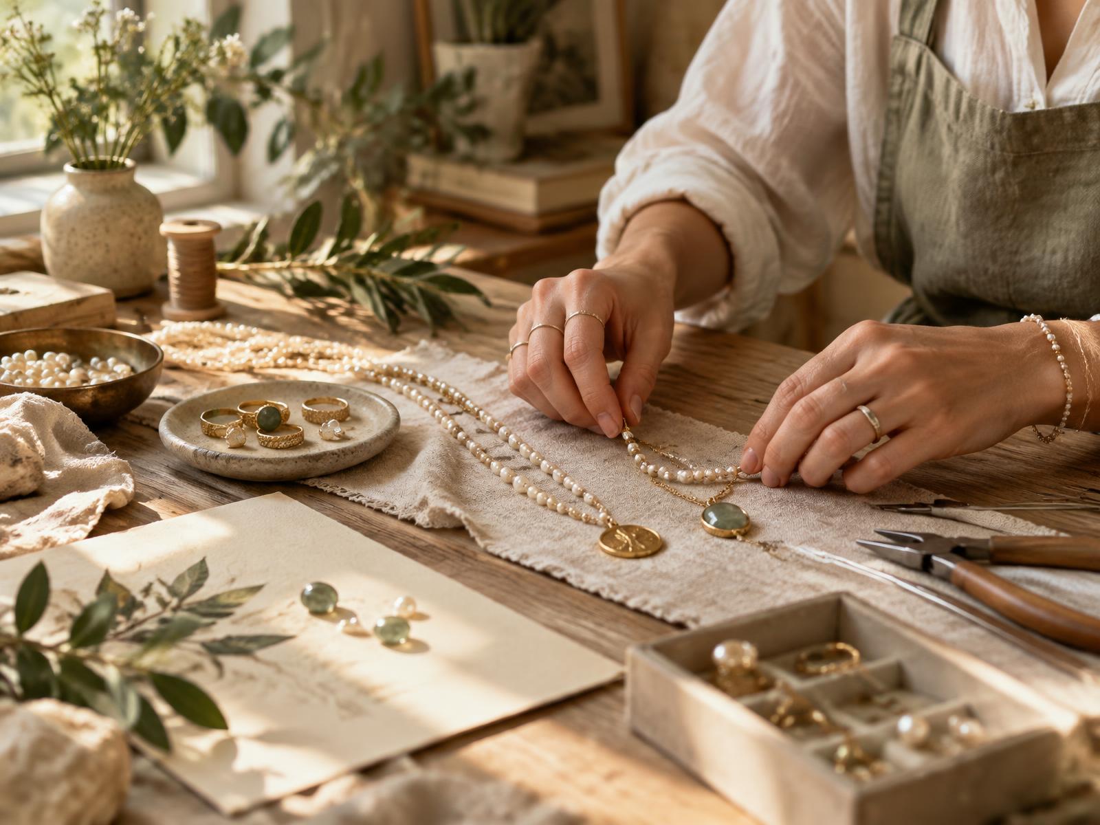 KLB Works jewelry studio with handmade necklaces, rings, pearls, and tools